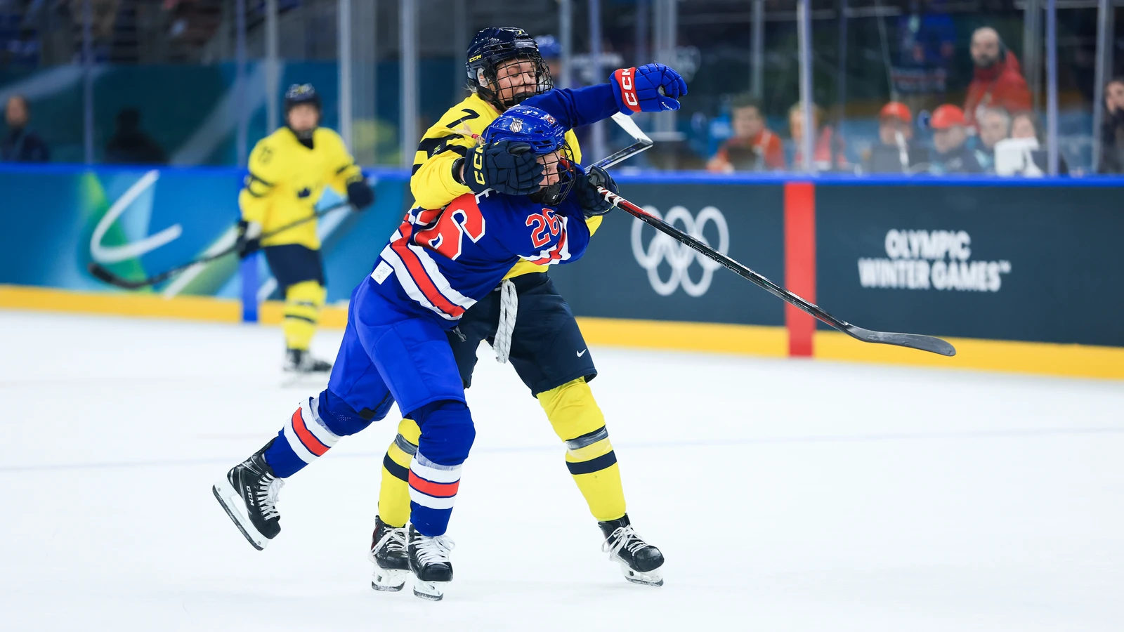 Kendall Coyne Schofield of the United States collides with Sweden's Mira Jungaker during an Olympic semifinal on February 16, 2026. File photo.
