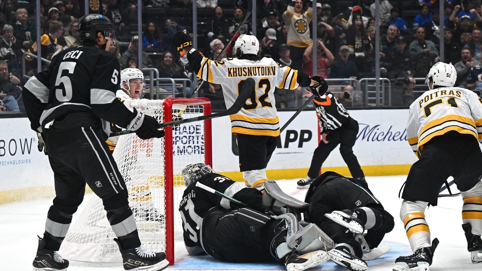 Boston Bruins forward Marat Khusnutdinov celebrates his third-period goal against the Los Angeles Kings at Crypto.com Arena.