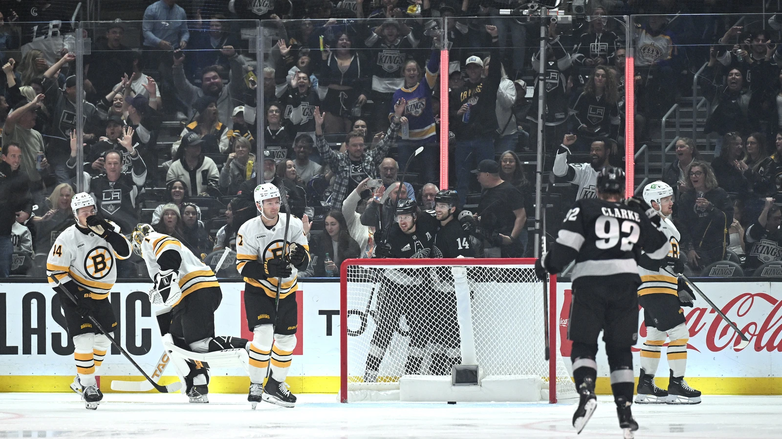 File photo: Los Angeles Kings players celebrate by the boards as fans react at Crypto.com Arena.
