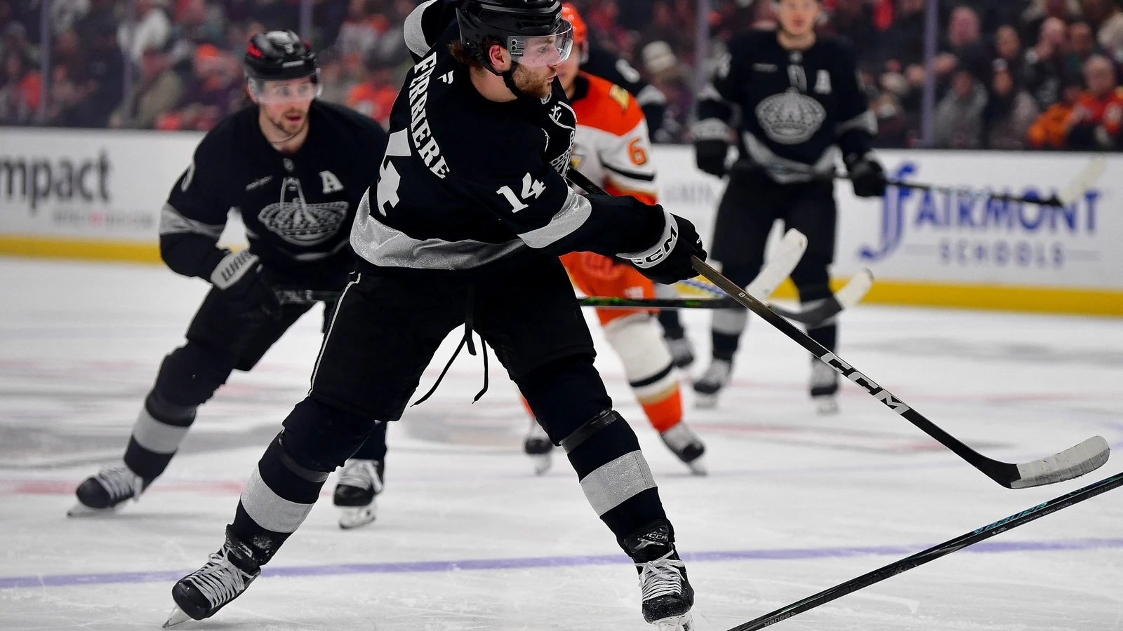 File photo: Los Angeles Kings forward Alex Laferriere shoots against the Anaheim Ducks at Honda Center on Jan. 17, 2026; this is a different game from the Sept. 23 preseason win.