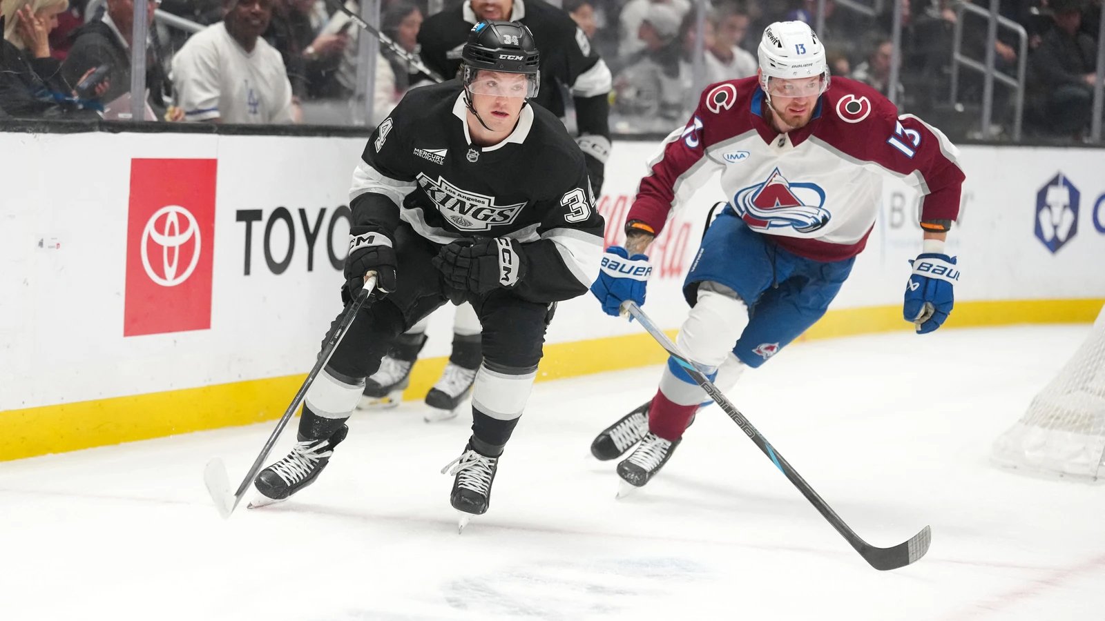 File photo: Los Angeles Kings centre Kenny Connors battles Colorado Avalanche forward Valeri Nichushkin for the puck at Crypto.com Arena on March 2, 2026.