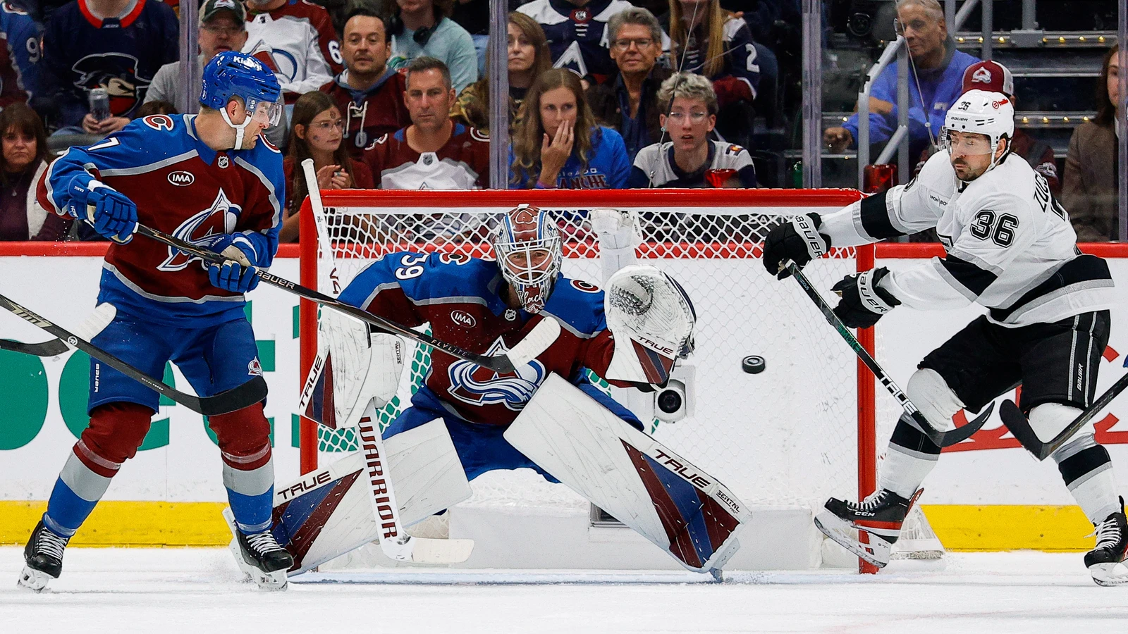 File photo: Los Angeles Kings forward Mats Zuccarello reaches with his stick in front of the Colorado Avalanche net.