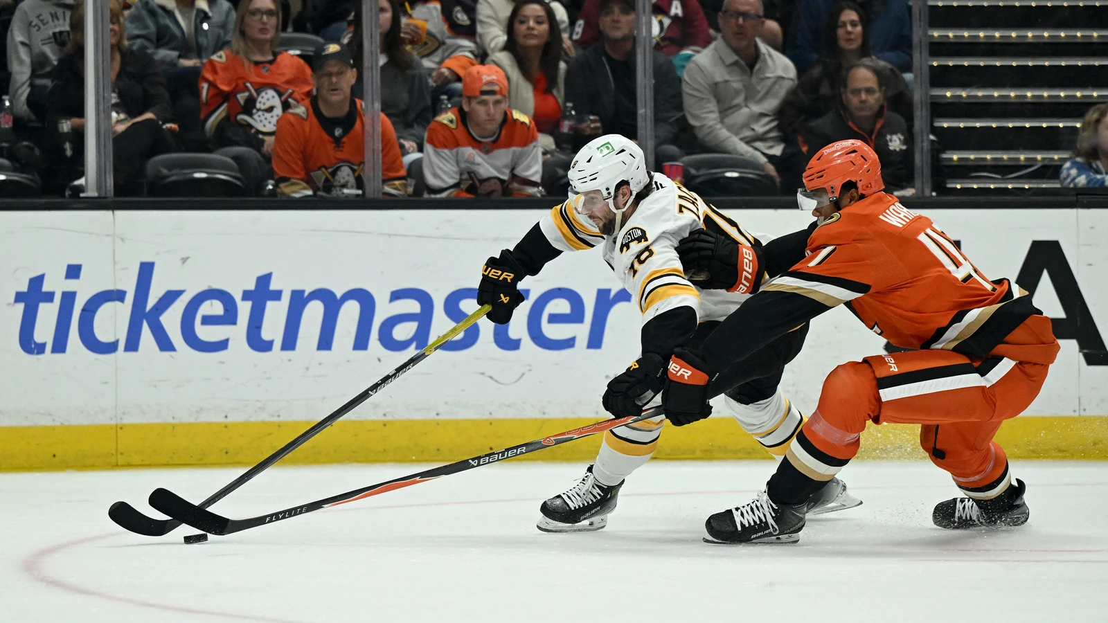 File photo: Boston Bruins centre Pavel Zacha skates with the puck as Anaheim Ducks defenceman Noah Warren pursues him at Honda Center.