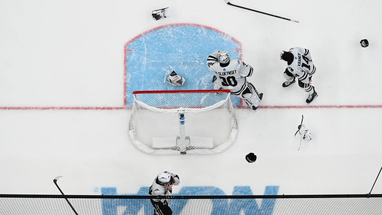 Hampton Slukynsky celebrates Western Michigan's 2025 NCAA championship. File photo.