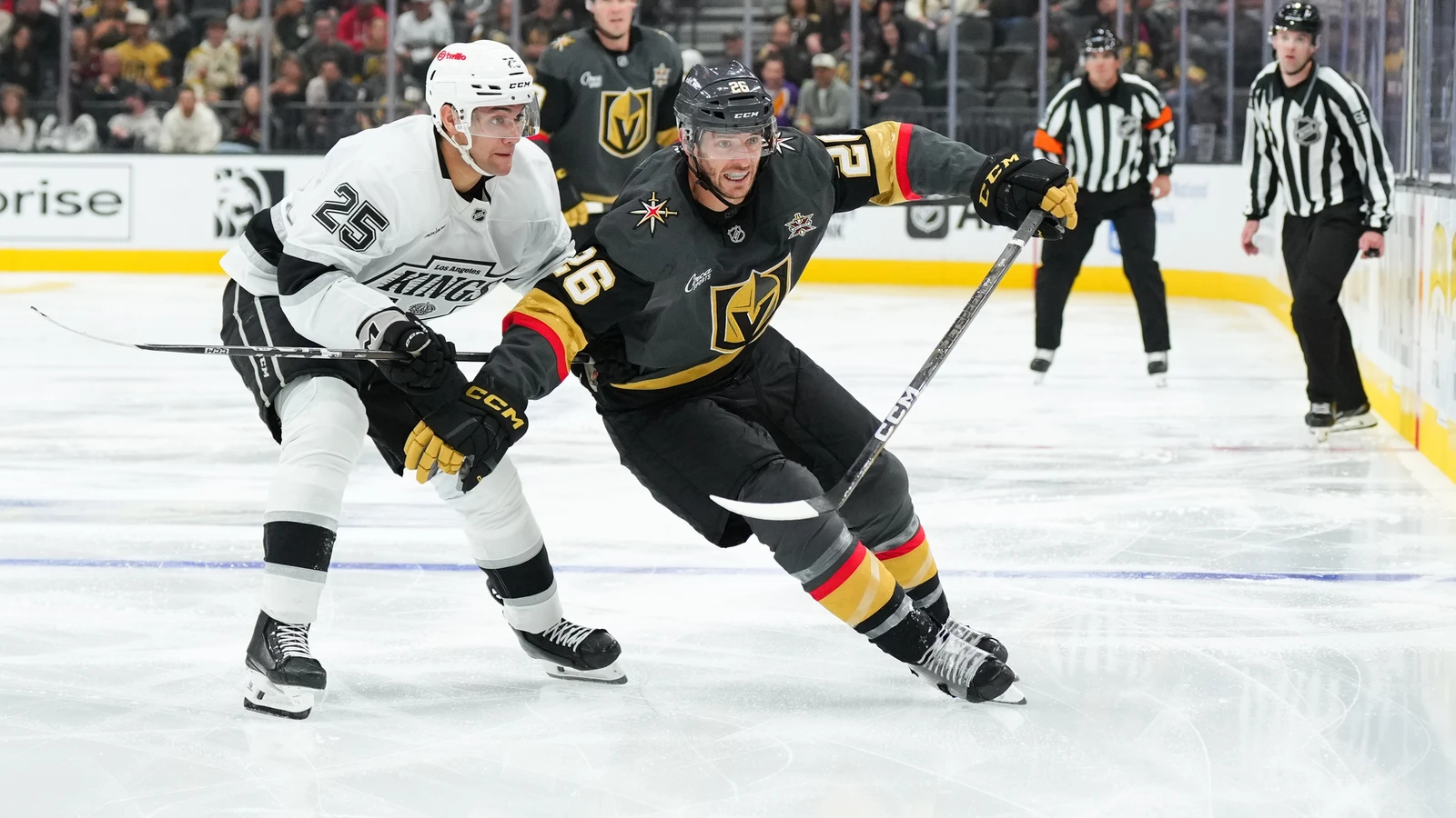 File photo: Kings forward Jared Wright chases the puck against the Vegas Golden Knights at T-Mobile Arena on Oct. 10.