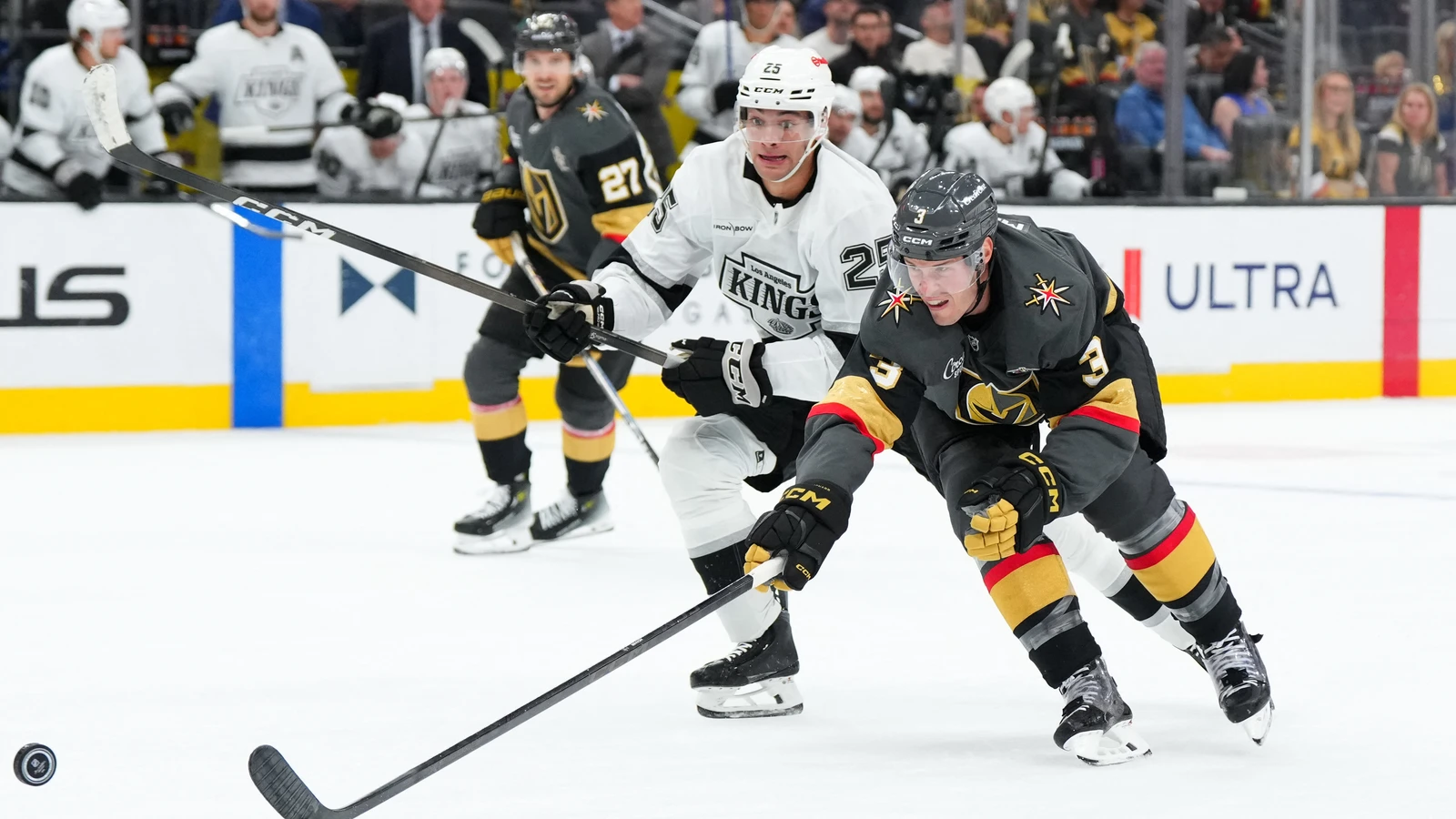 File photo: Los Angeles Kings forward Jared Wright chases the puck alongside Vegas Golden Knights defenceman Brayden McNabb at T-Mobile Arena.