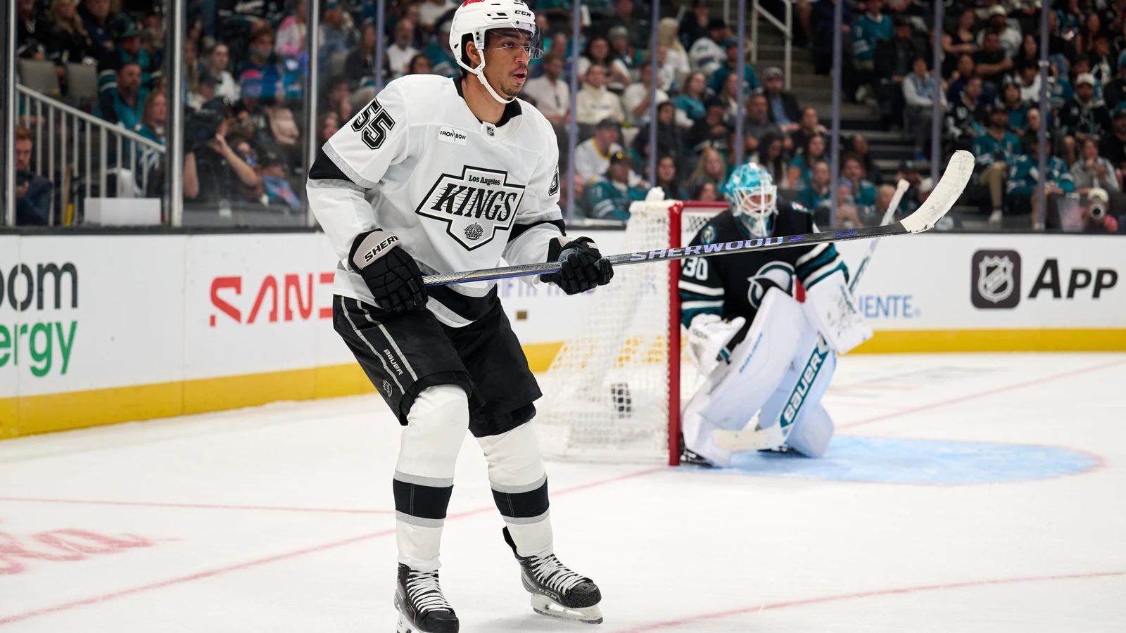 File photo: Los Angeles Kings forward Quinton Byfield skates during a game against the San Jose Sharks at SAP Center.