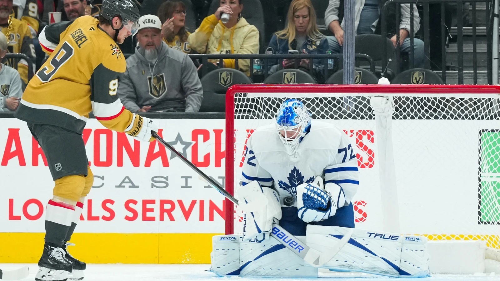 File photo: Vegas Golden Knights centre Jack Eichel shoots against the Toronto Maple Leafs at T-Mobile Arena.