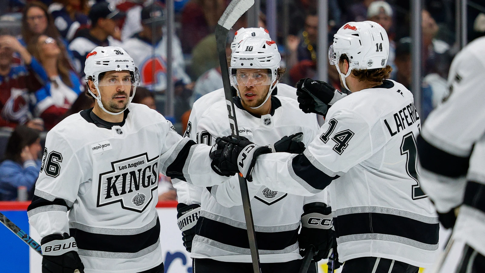 File photo: Los Angeles Kings forward Artemi Panarin celebrates a goal with teammates in Colorado.