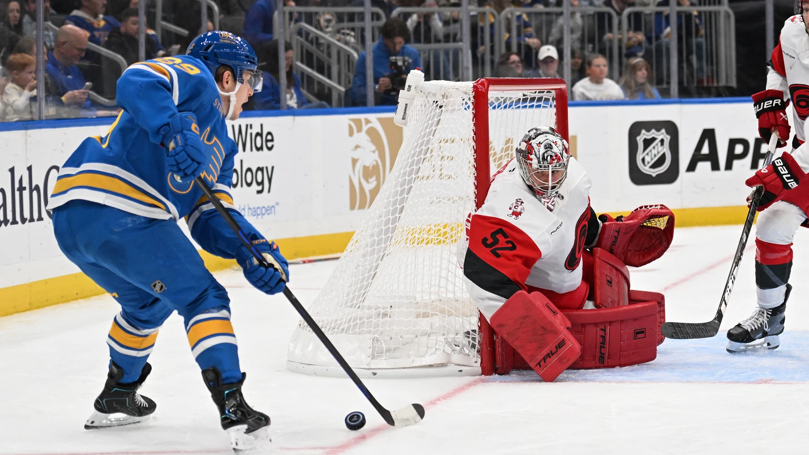 File photo: Carolina Hurricanes goaltender Pyotr Kochetkov defends the net against the St. Louis Blues at Enterprise Center.