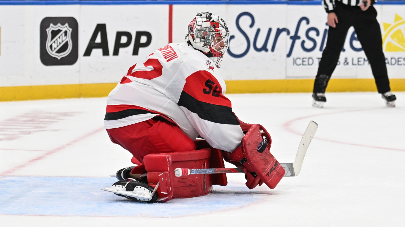 Carolina Hurricanes goaltender Pyotr Kochetkov blocks a shot against the St. Louis Blues at Enterprise Center.
