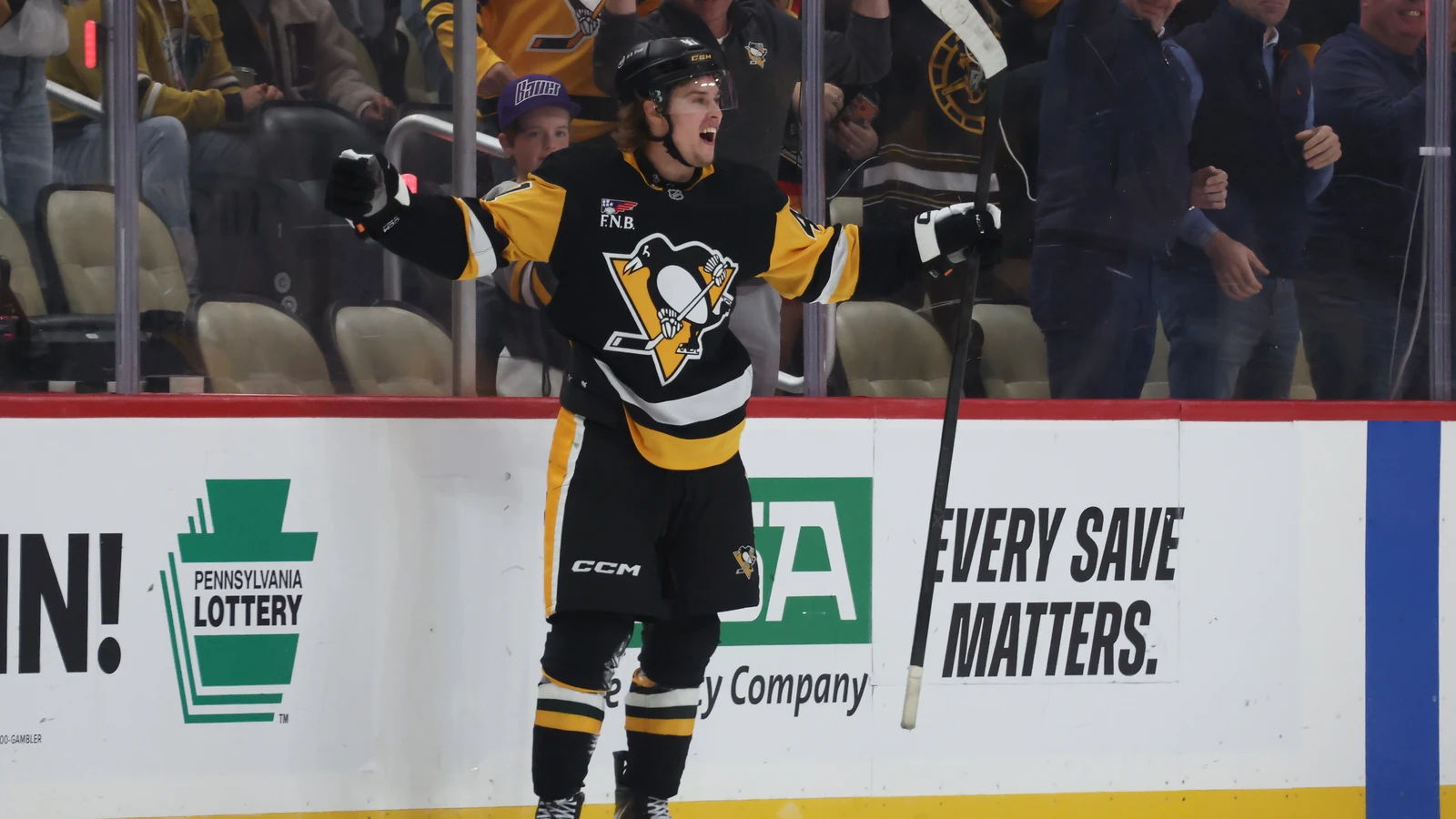 Ville Koivunen celebrates his overtime winning goal for the Pittsburgh Penguins against the Nashville Predators at PPG Paints Arena.