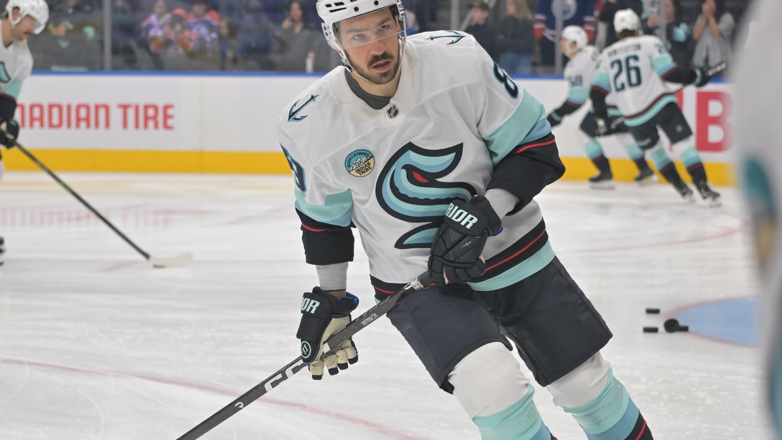 File photo: Seattle Kraken centre Frederick Gaudreau skates with his stick during warmups in Edmonton.