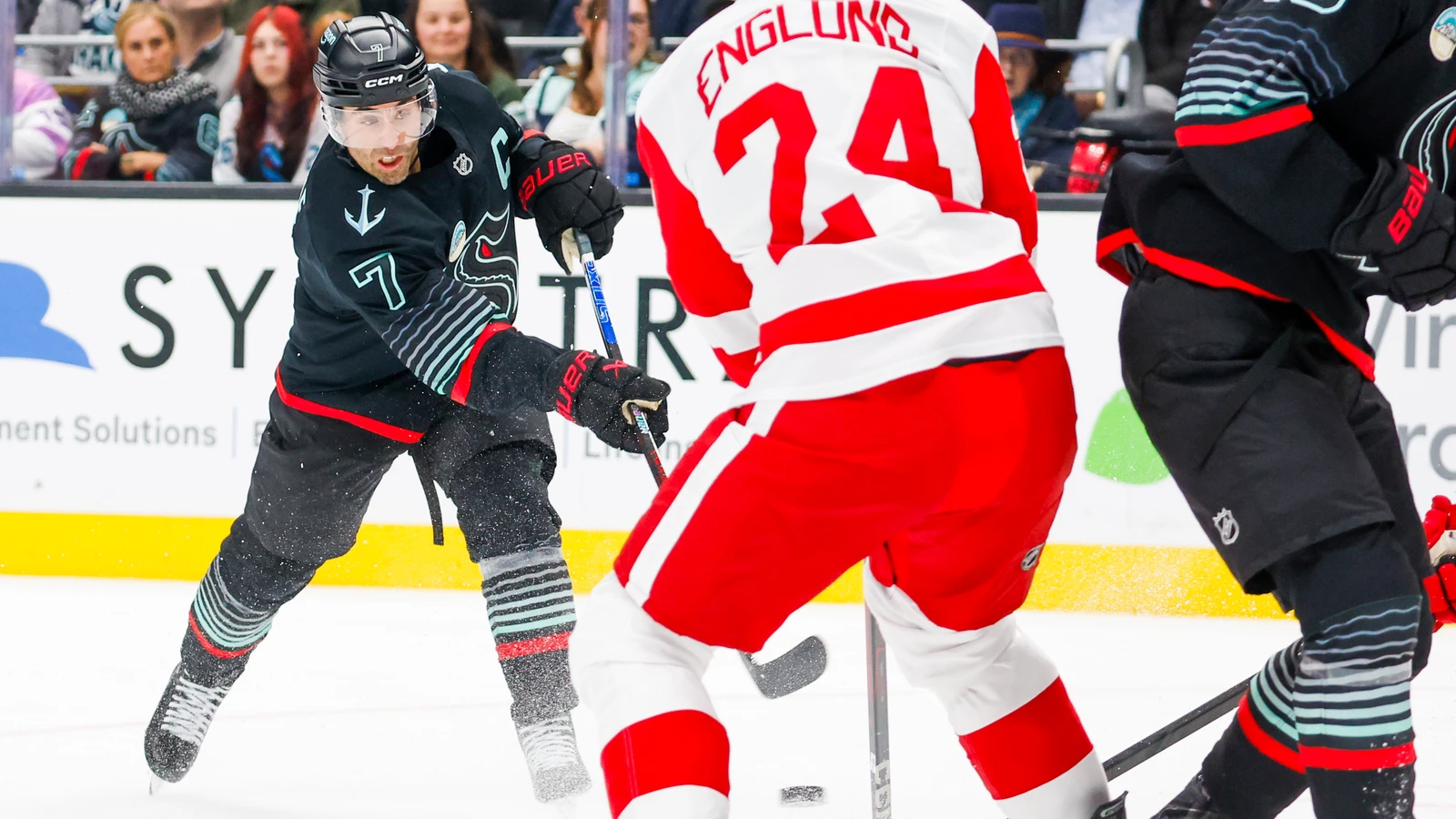 File photo: Seattle Kraken forward Jordan Eberle attempts a shot against the Detroit Red Wings at Climate Pledge Arena.