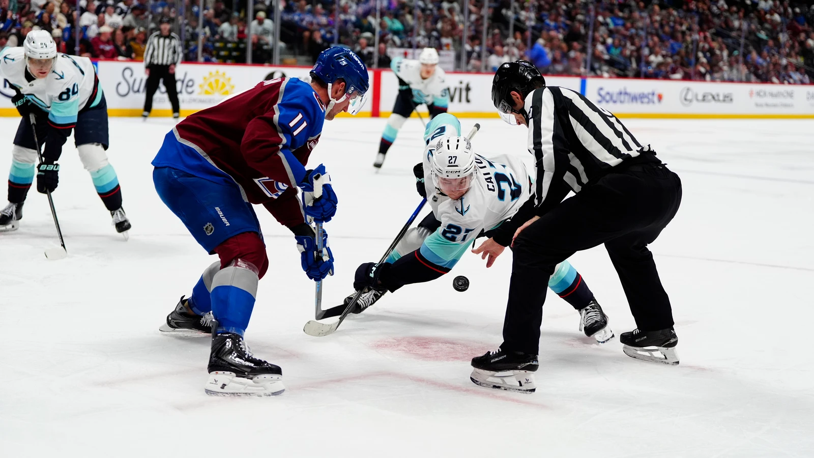 File photo: Seattle Kraken centre Berkly Catton takes a faceoff against Colorado Avalanche centre Brock Nelson during an April 16, 2026 game.