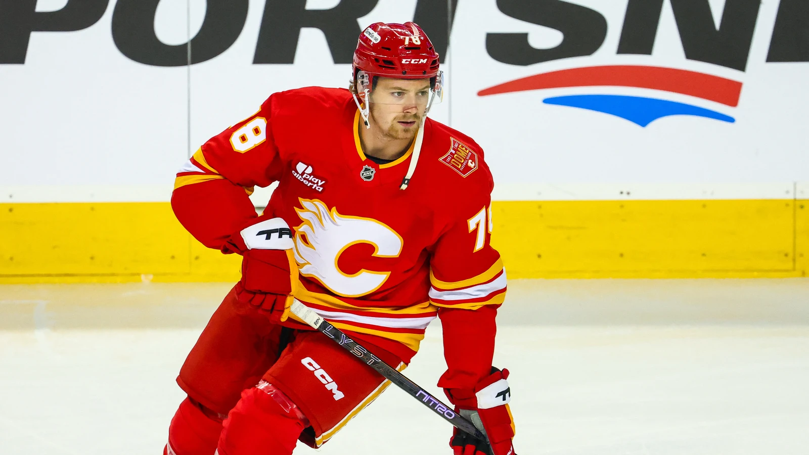 File photo: Calgary Flames forward Brennan Othmann skates during warmups before a game against the Seattle Kraken on September 20, 2026.