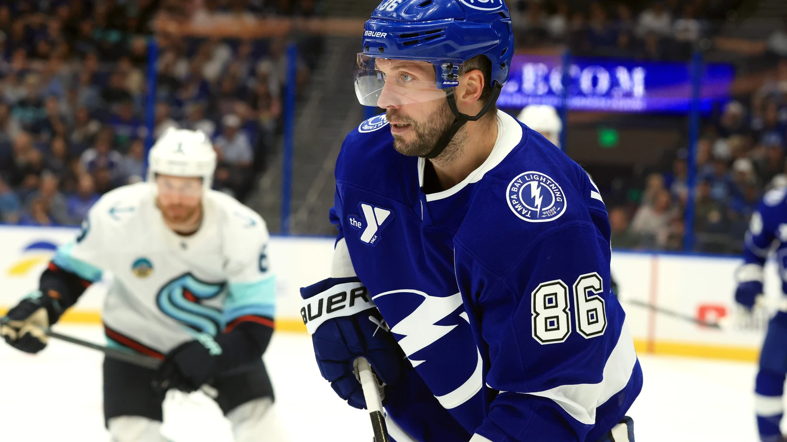File photo: Tampa Bay Lightning forward Nikita Kucherov skates with the puck against the Seattle Kraken at Benchmark International Arena.
