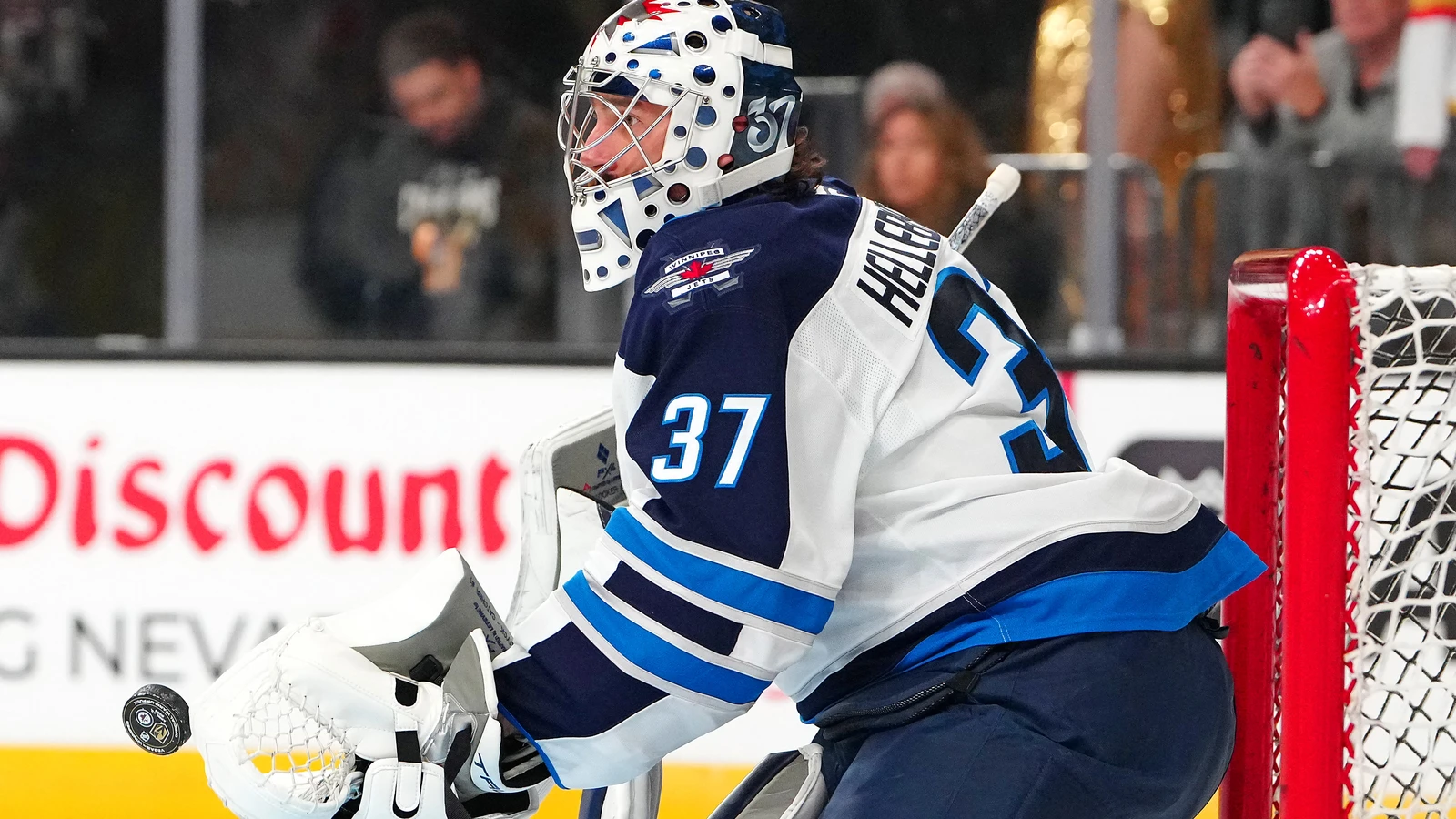 File photo: Winnipeg Jets goaltender Connor Hellebuyck warms up before a game against the Vegas Golden Knights in Las Vegas on April 13, 2026.