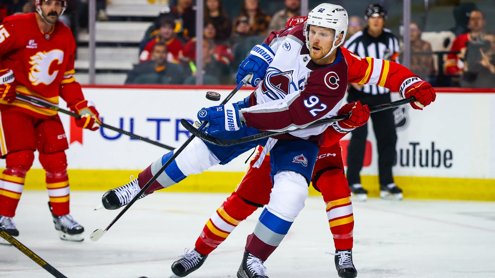 File photo: Colorado Avalanche captain Gabriel Landeskog controls the puck against the Calgary Flames.
