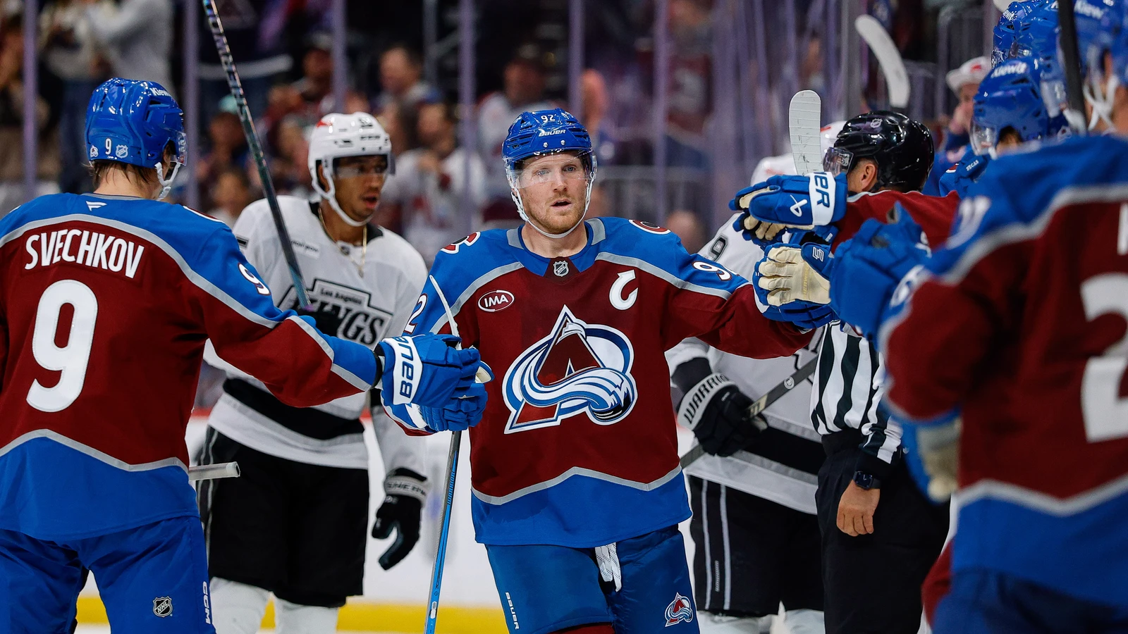 File photo: Colorado Avalanche captain Gabriel Landeskog celebrates his goal with teammates at Ball Arena against the Los Angeles Kings.
