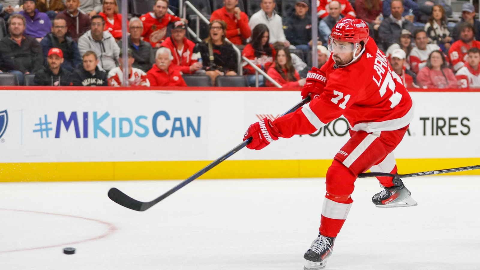 Detroit Red Wings centre Dylan Larkin shoots the puck against the Ottawa Senators at Little Caesars Arena.