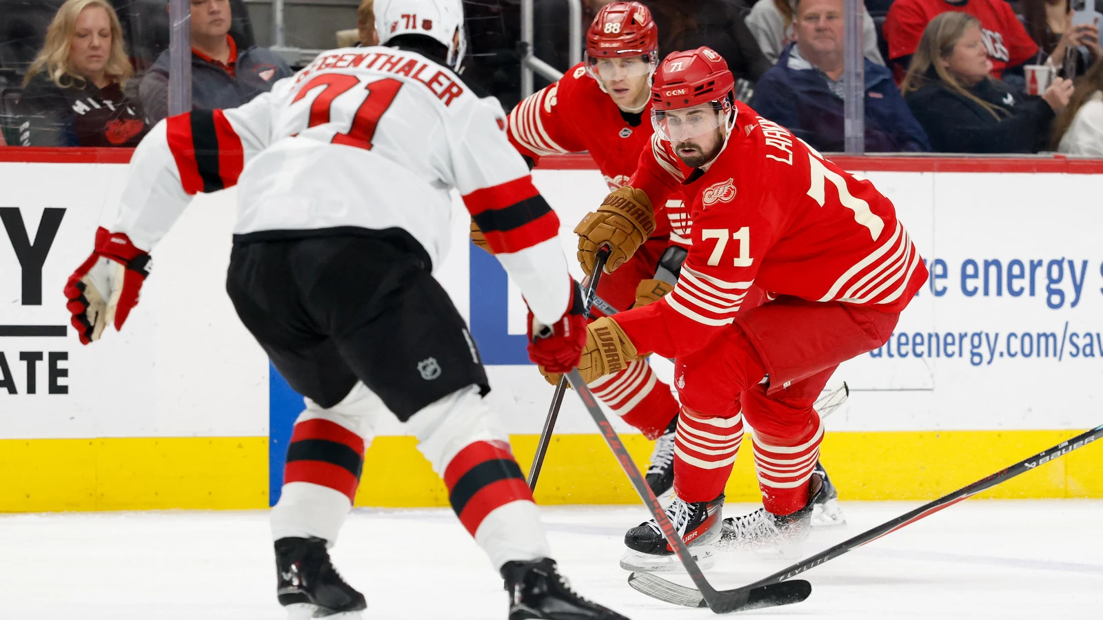 File photo: Detroit Red Wings forward Dylan Larkin (71) skates with the puck against the New Jersey Devils at Little Caesars Arena on April 11, 2026.