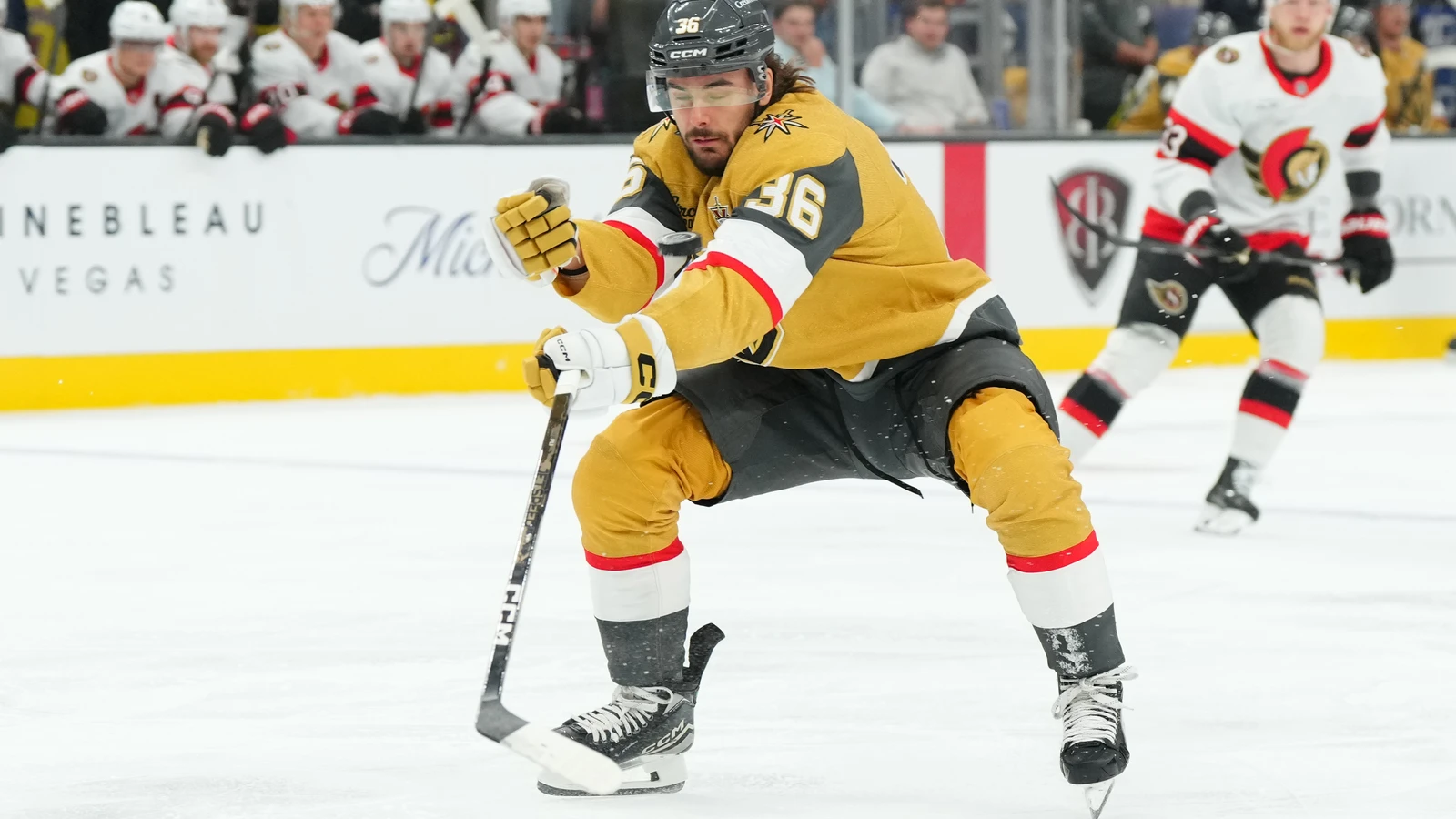 Vegas Golden Knights centre Raphael Lavoie plays the puck against the Ottawa Senators.