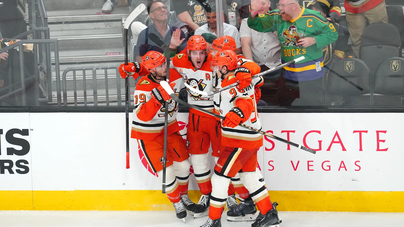 File photo: Anaheim Ducks centre Leo Carlsson celebrates with teammates after scoring against the Vegas Golden Knights in a May 6, 2026 playoff game in Las Vegas.