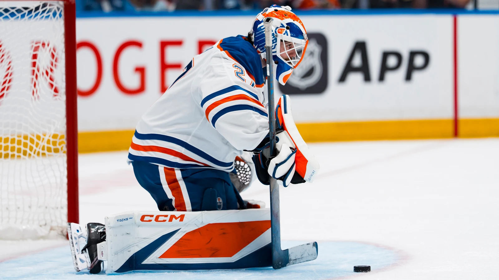 File photo: Edmonton Oilers goaltender Devon Levi plays the puck against the Vancouver Canucks at Rogers Arena.