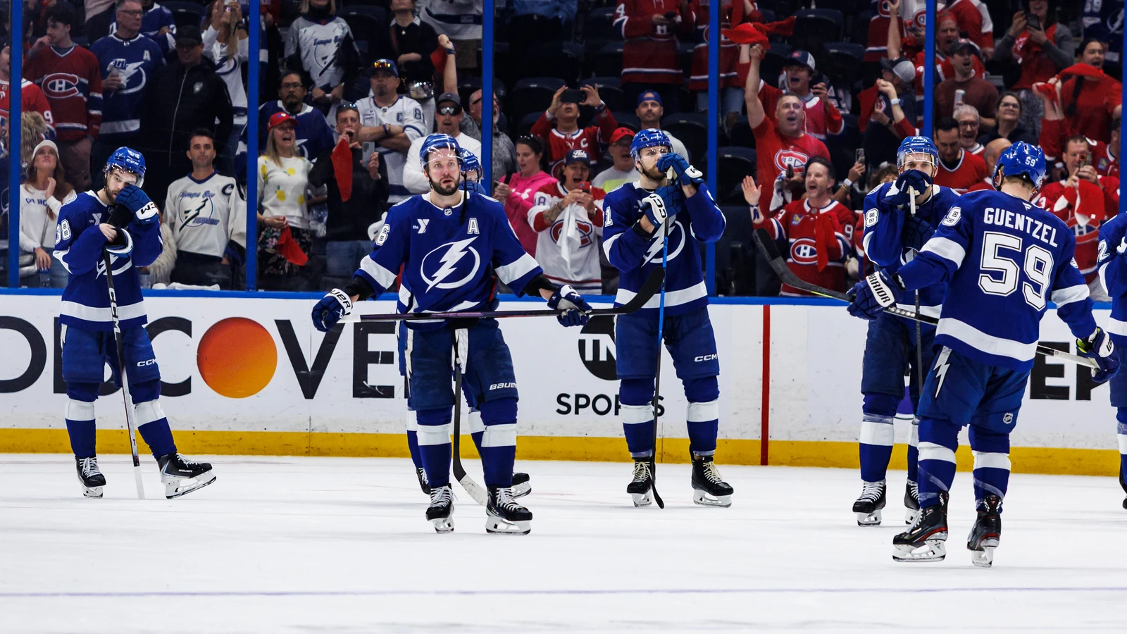 Tampa Bay Lightning players react after their playoff loss to Montreal on May 3, 2026. File photo.