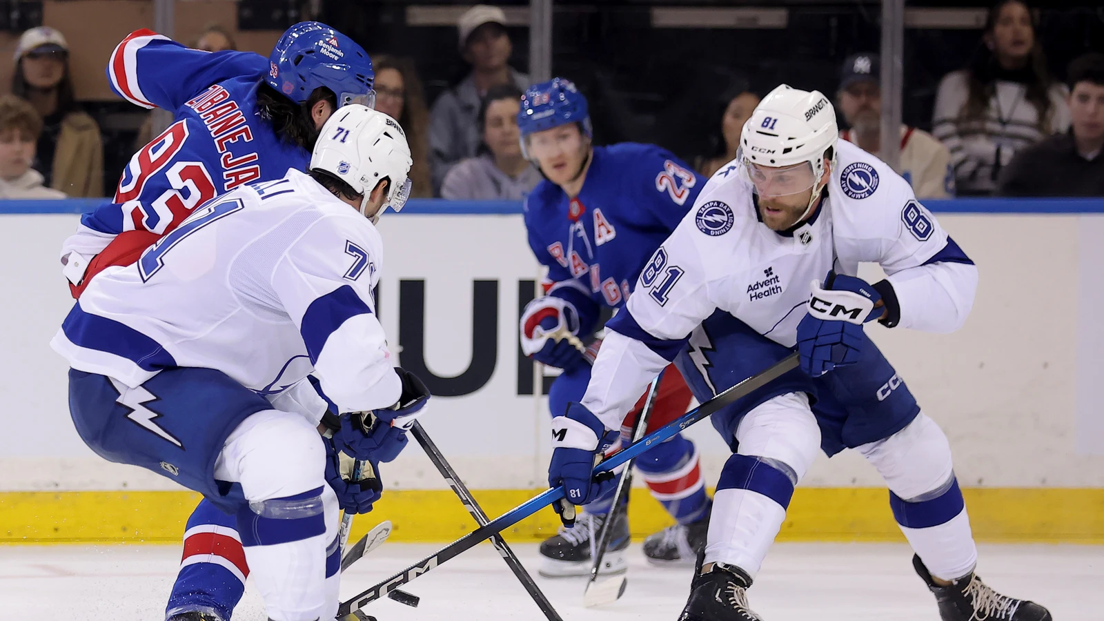 File photo: Anthony Cirelli contests the puck against the New York Rangers at Madison Square Garden.