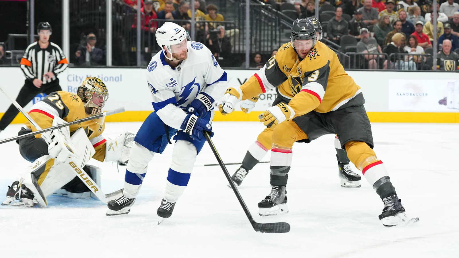File photo: Tampa Bay Lightning centre Brayden Point shoots as Vegas Golden Knights defenceman Brayden McNabb defends at T-Mobile Arena.