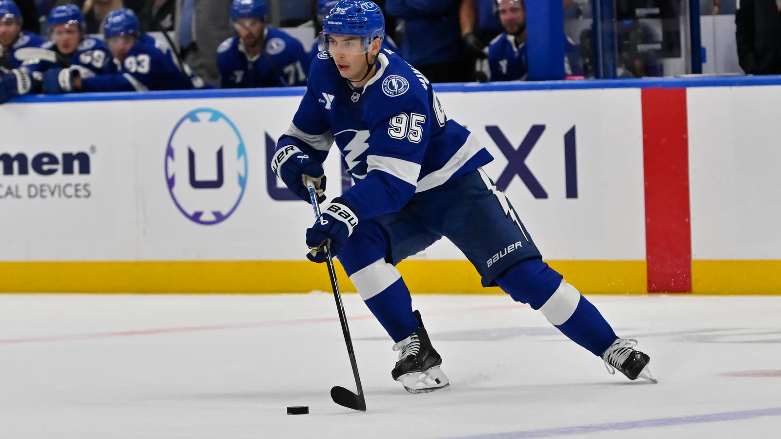 Tampa Bay Lightning forward Ilya Mikheyev carries the puck against the Philadelphia Flyers at Benchmark International Arena on October 5, 2026.