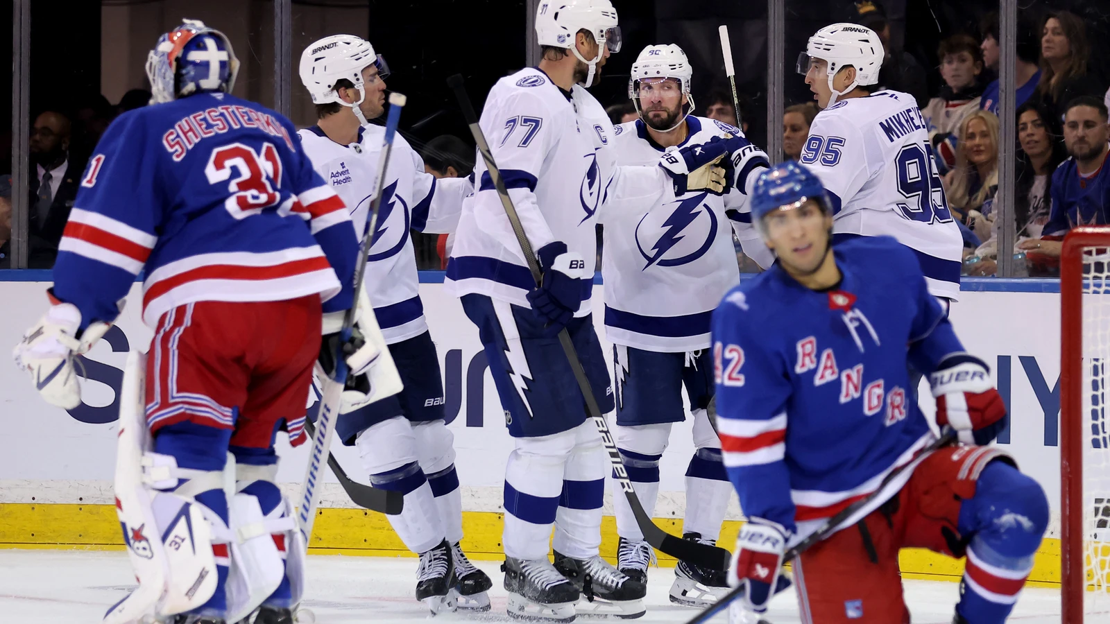 File photo: Nikita Kucherov celebrates a goal with Tampa Bay Lightning teammates at Madison Square Garden.