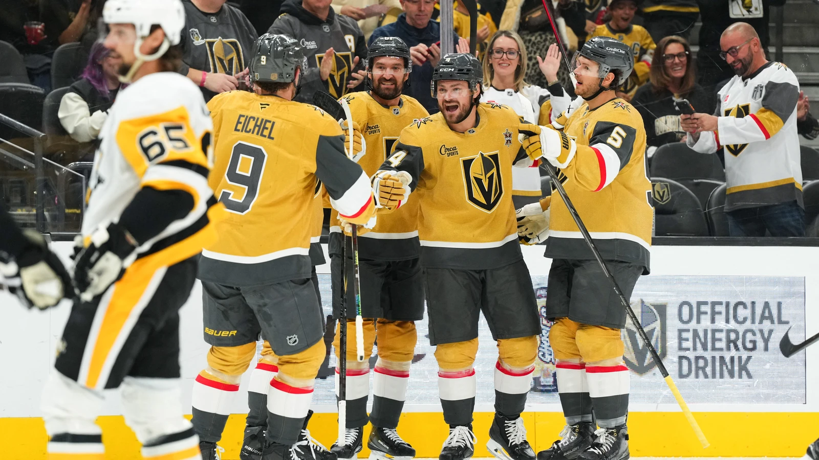 File photo: Vegas Golden Knights players celebrate a goal at T-Mobile Arena in Las Vegas.