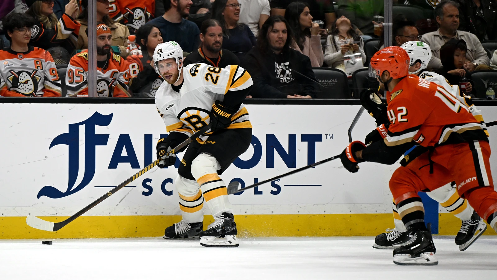 File photo: Boston Bruins centre Elias Lindholm skates with the puck against the Anaheim Ducks at Honda Center.