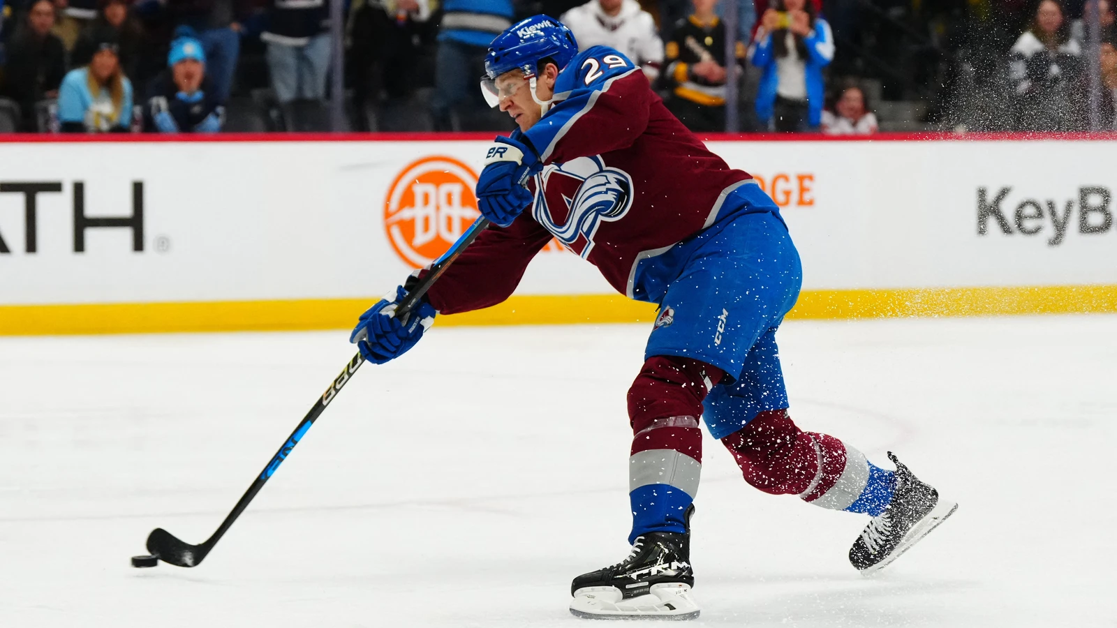 Colorado Avalanche centre Nathan MacKinnon takes a penalty shot against the Pittsburgh Penguins at Ball Arena.
