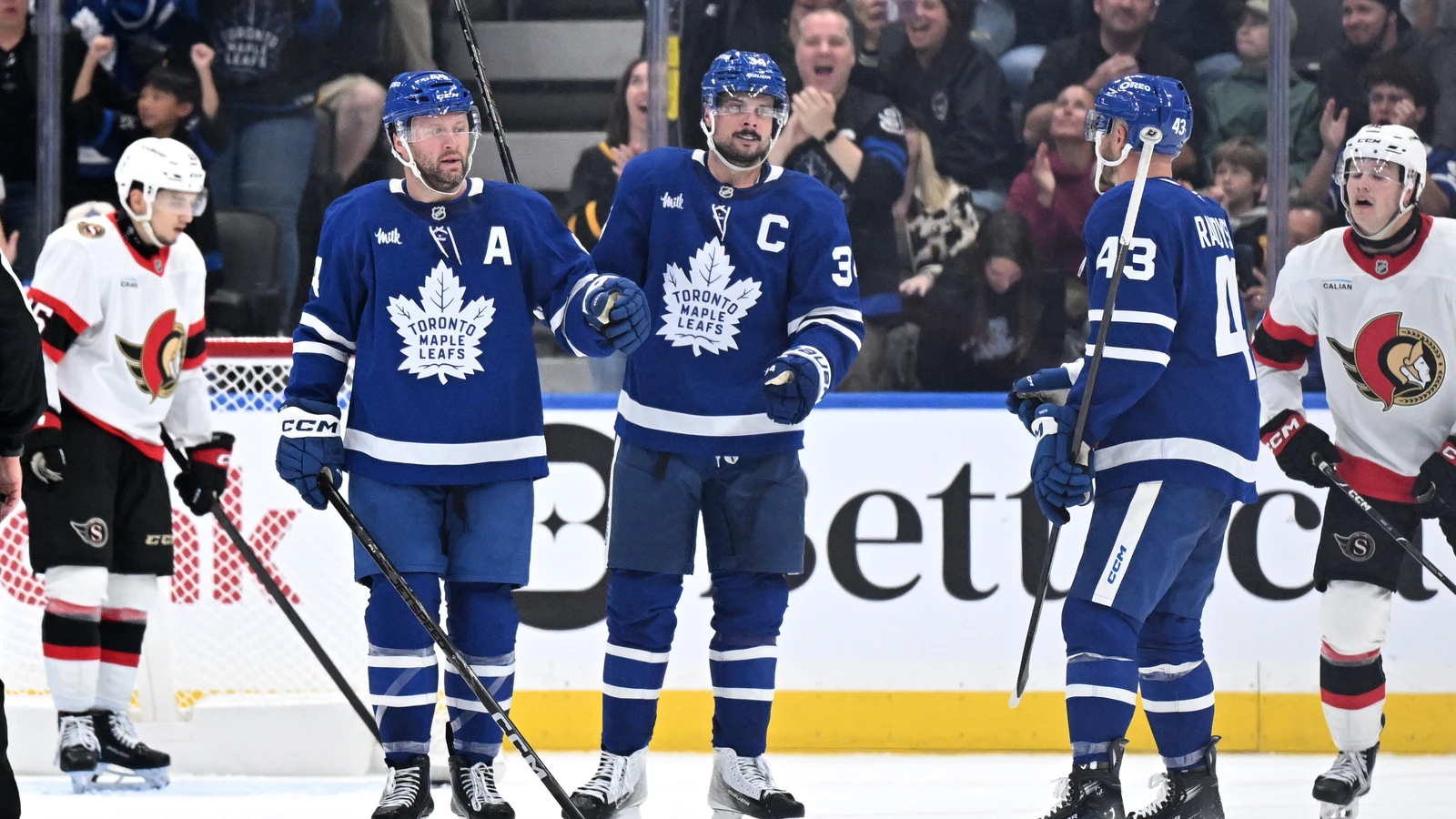 File photo: Toronto Maple Leafs Morgan Rielly, Auston Matthews and Darren Raddysh celebrate a goal against Ottawa at Scotiabank Arena on September 23, 2026.