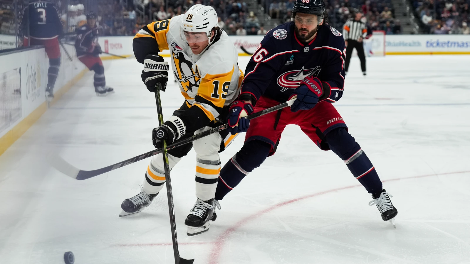 File photo: Kirill Marchenko contests the puck with Pittsburgh’s Connor Dewar during a Sept. 24, 2026 preseason game in Columbus.