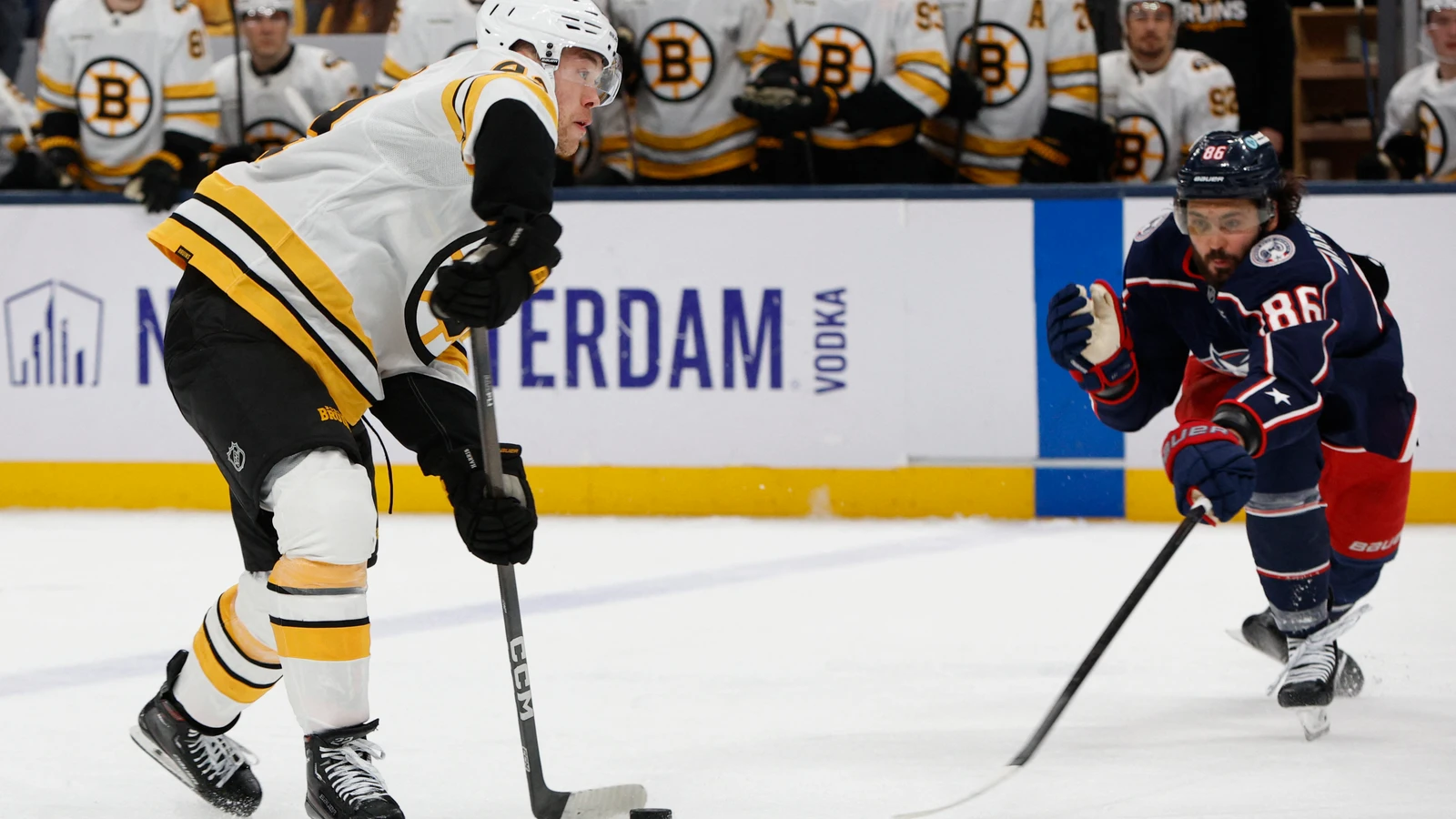 File photo: Kirill Marchenko of the Columbus Blue Jackets faces Boston Bruins defenceman Jordan Harris during an April 12, 2026 game in Columbus.
