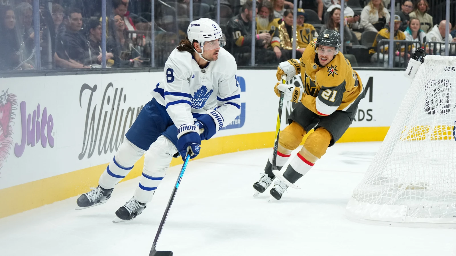 File photo: Toronto Maple Leafs defenceman Chris Tanev skates with the puck against Vegas.