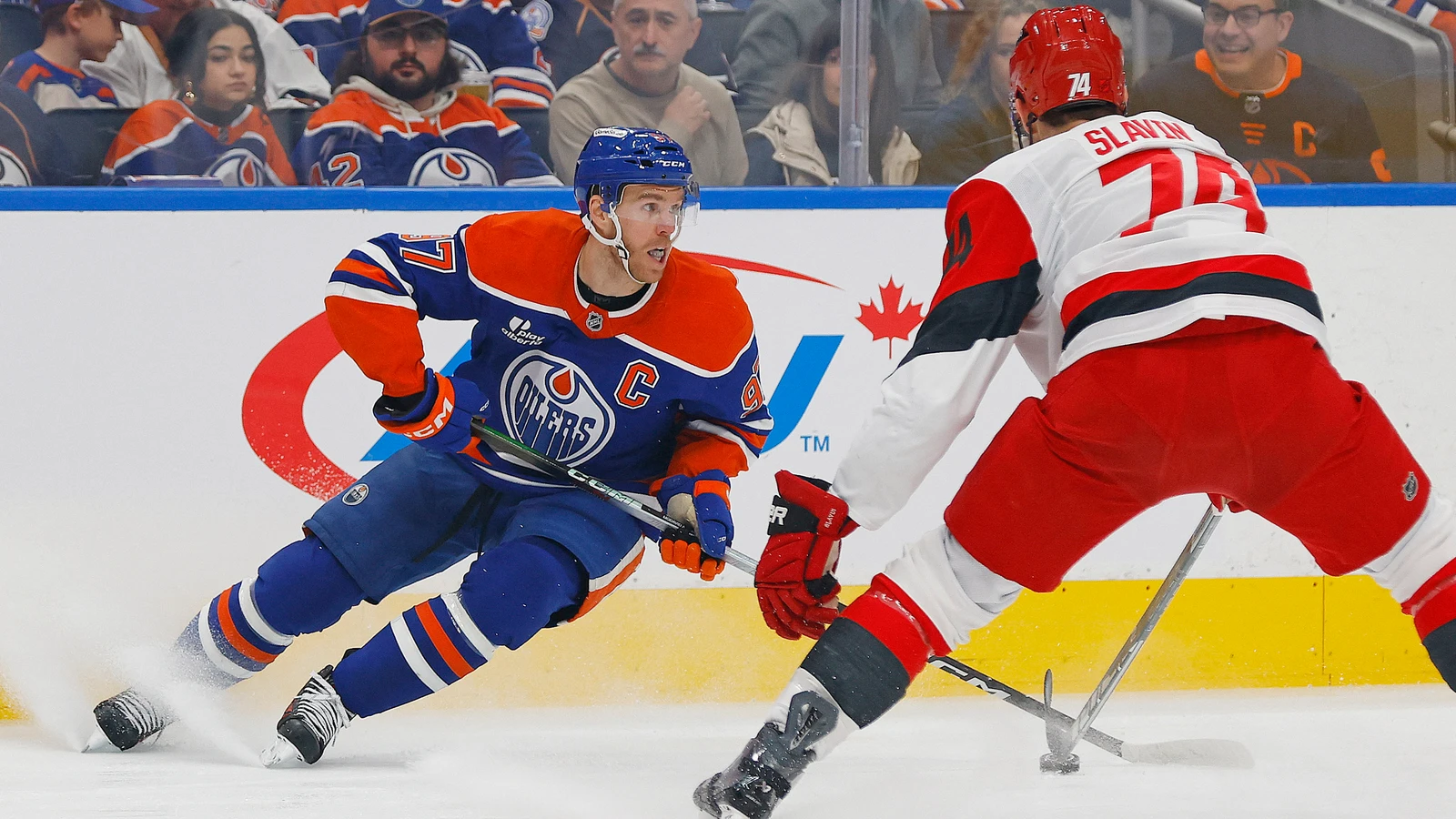 File photo: Edmonton Oilers forward Connor McDavid carries the puck against Carolina Hurricanes defenceman Jaccob Slavin at Rogers Place.