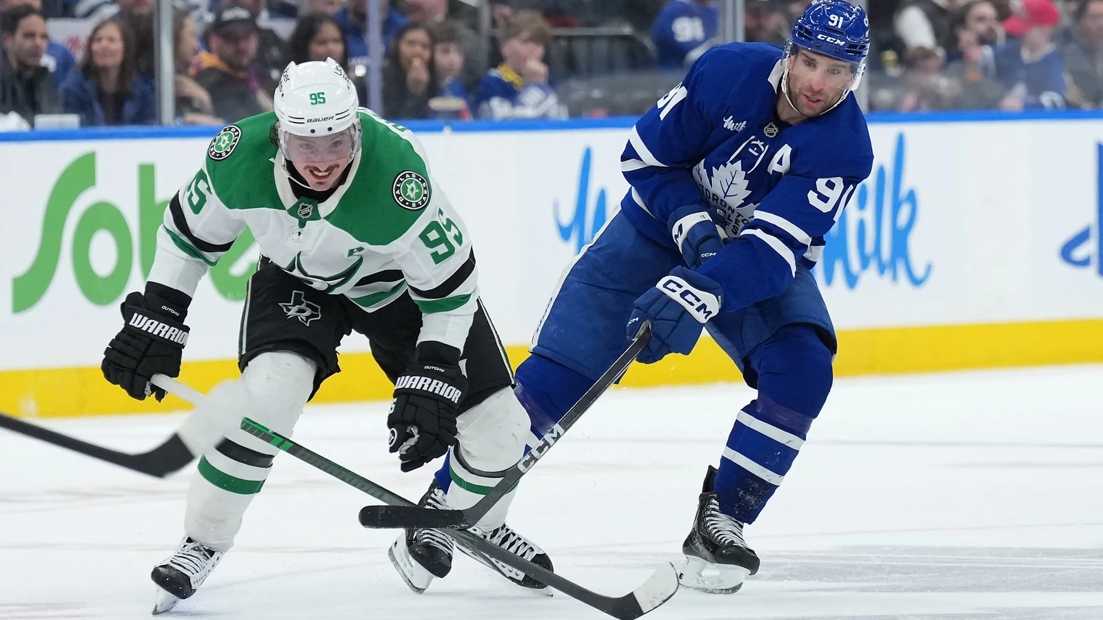 John Tavares battles Matt Duchene during Toronto’s game against Dallas at Scotiabank Arena on April 13, 2026. File photo; Patrick O’Sullivan is not pictured.