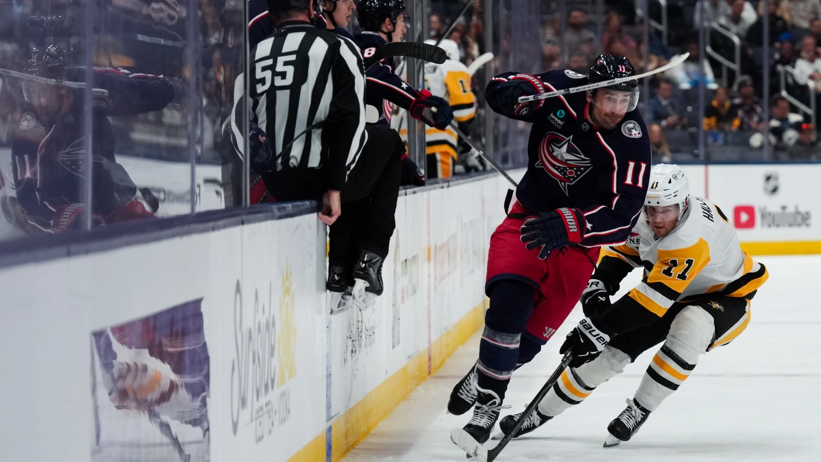 File photo: Miles Wood skates after the puck while playing for the Columbus Blue Jackets at Nationwide Arena.