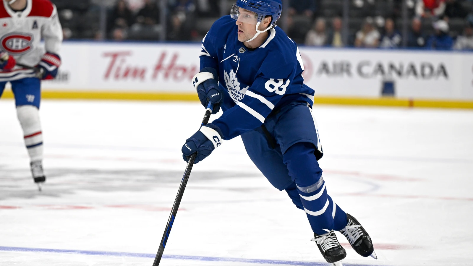 File photo: Toronto Maple Leafs defenceman Marshall Rifai skates with the puck at Scotiabank Arena.