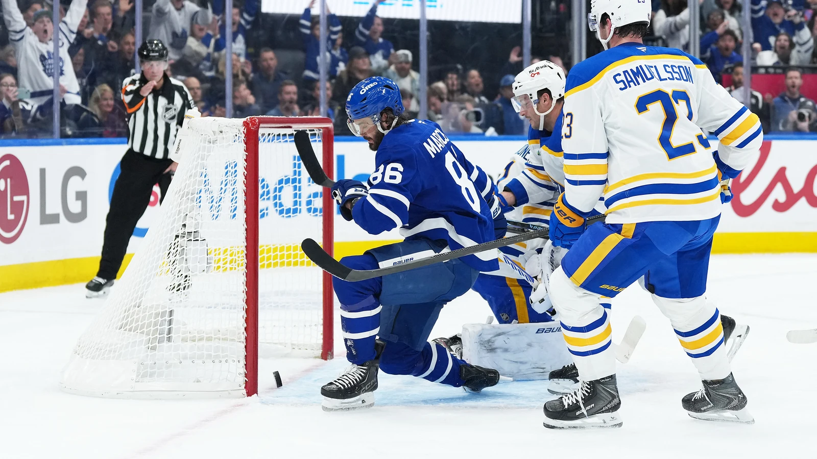 File photo: Toronto Maple Leafs winger Kirill Marchenko scores against the Buffalo Sabres at Scotiabank Arena.