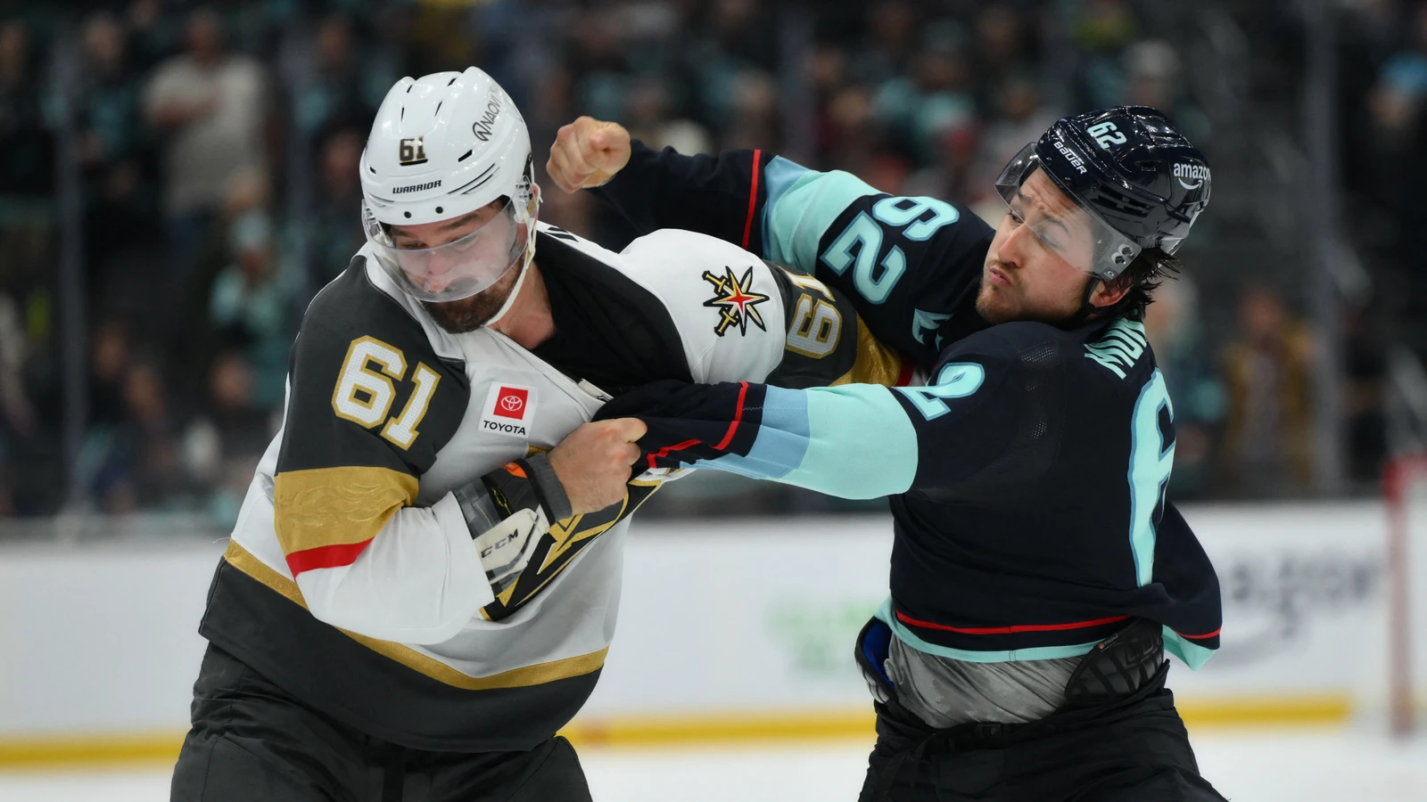 Mark Stone of the Vegas Golden Knights fights Brandon Montour of the Seattle Kraken during the third period at Climate Pledge Arena on Oct. 6, 2026.