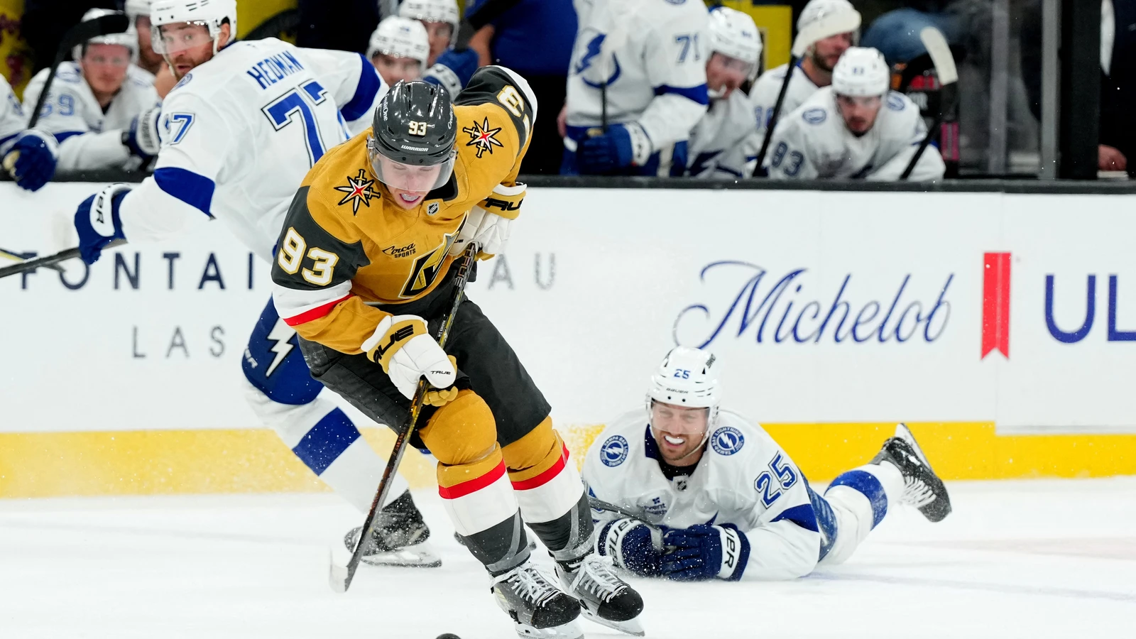 File photo: Vegas Golden Knights right wing Mitch Marner skates with the puck against the Tampa Bay Lightning at T-Mobile Arena.