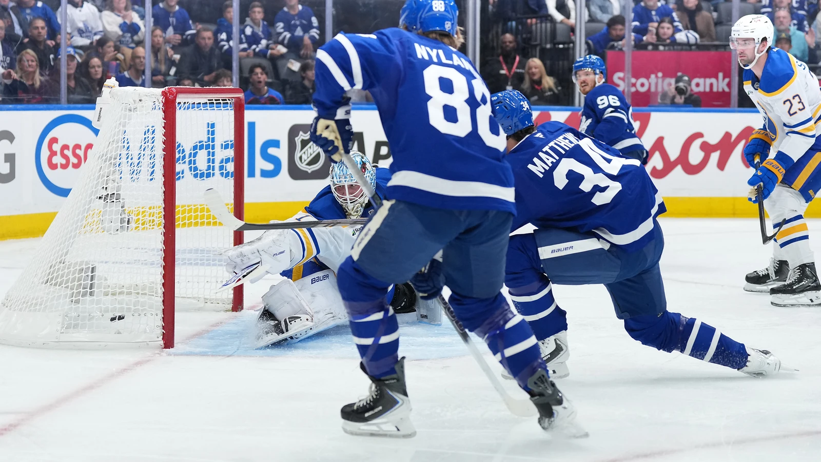 Auston Matthews shoots at the Buffalo Sabres net during the first period at Scotiabank Arena.
