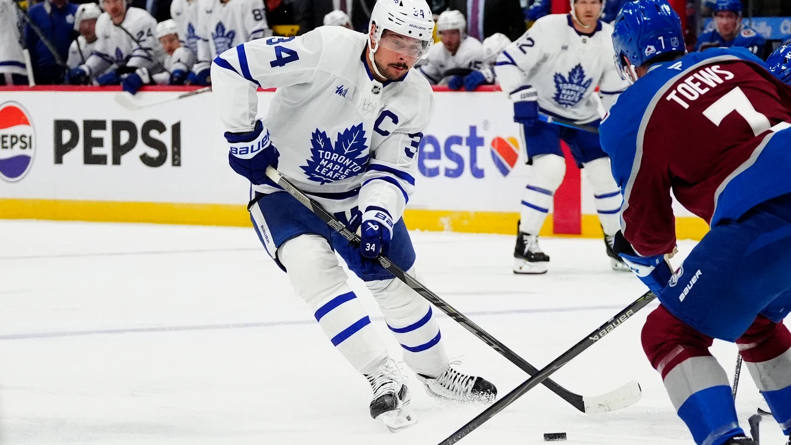 File photo: Toronto Maple Leafs captain Auston Matthews controls the puck against the Colorado Avalanche at Ball Arena.